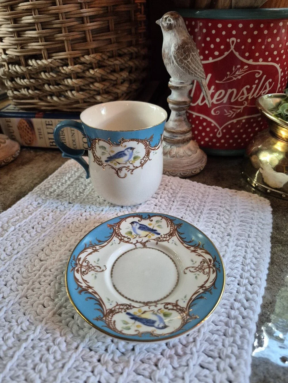 Vtg Gracie China Coastline Imports Teacup & Saucer Gold Scroll Blue Bird Pattern
